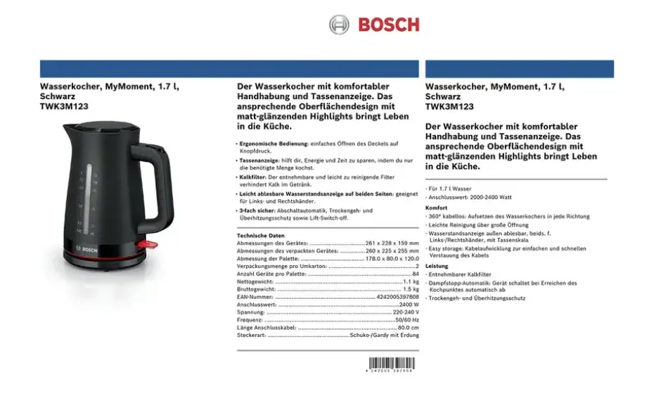 BOSCH Wasserkocher TWK3M123